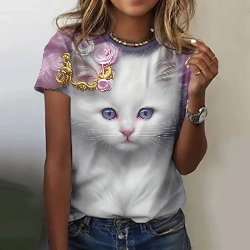 Damen Sommer Top 3D Katzen T-Shirt Rundhals Streetwear lockeres Damentop