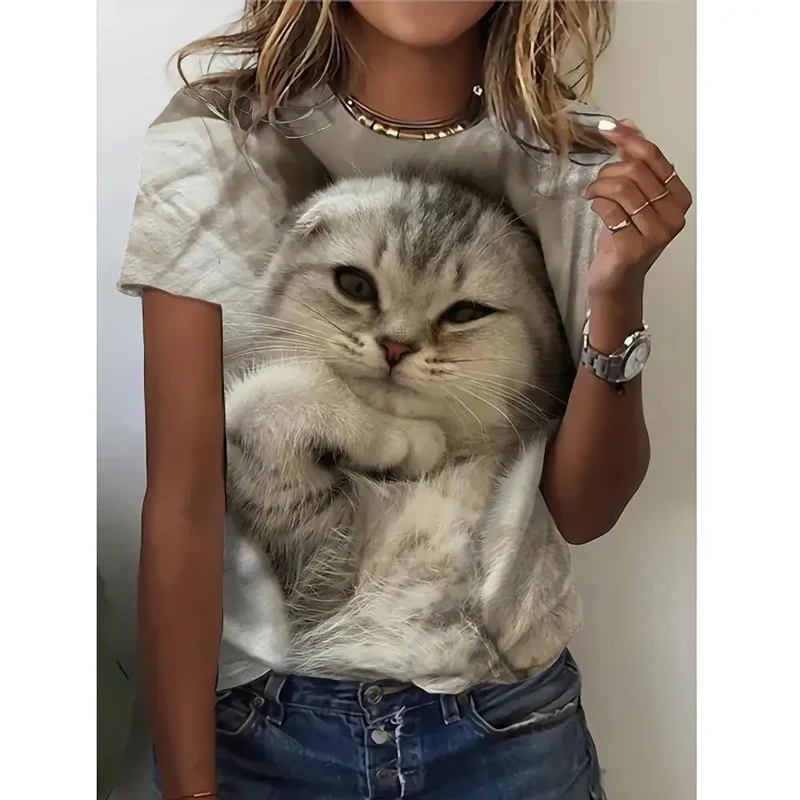 Damen Sommer Top 3D Katzen T-Shirt Rundhals Streetwear lockeres Damentop