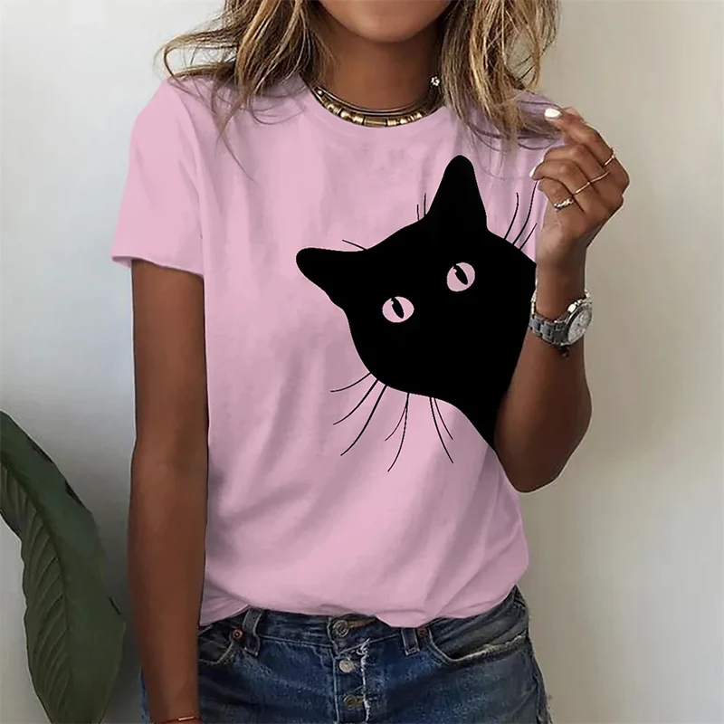 Damen Sommer Top 3D Katzen T-Shirt Rundhals Streetwear lockeres Damentop