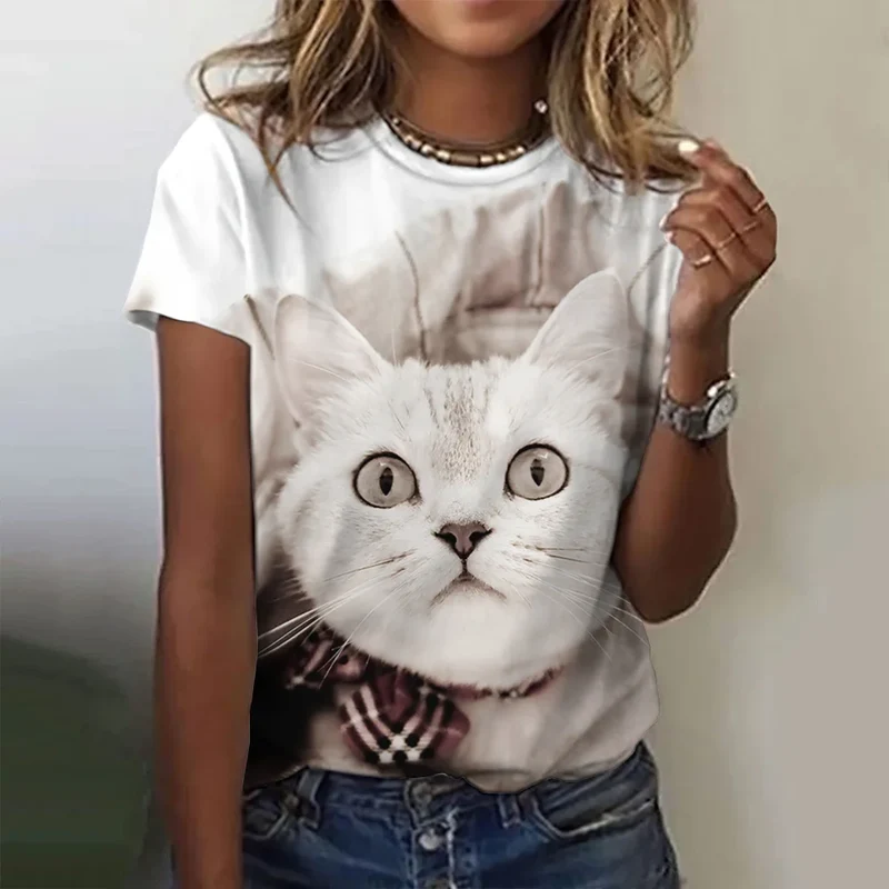 Damen Sommer Top 3D Katzen T-Shirt Rundhals Streetwear lockeres Damentop