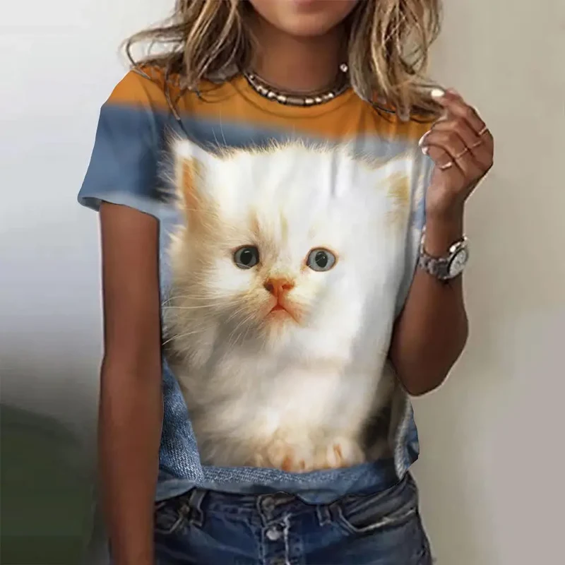 Damen Sommer Top 3D Katzen T-Shirt Rundhals Streetwear lockeres Damentop