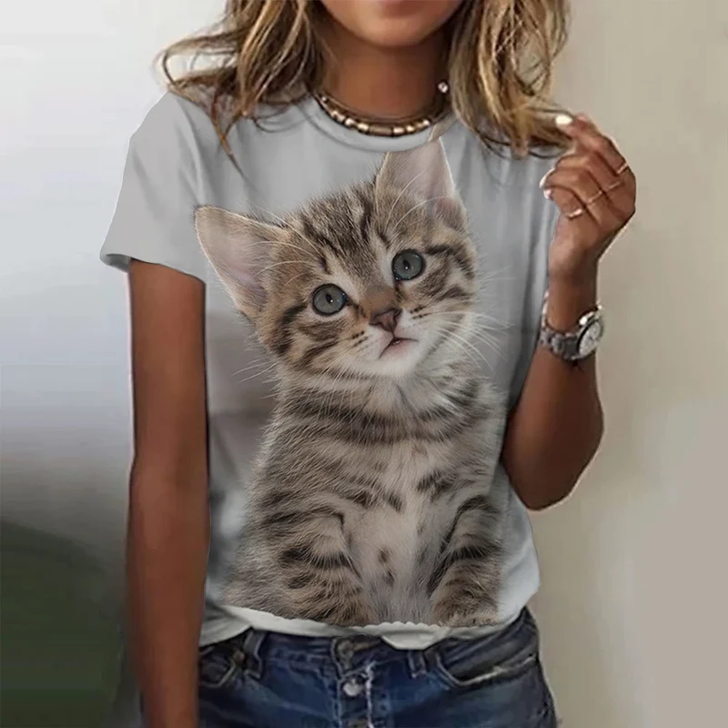 Damen Sommer Top 3D Katzen T-Shirt Rundhals Streetwear lockeres Damentop