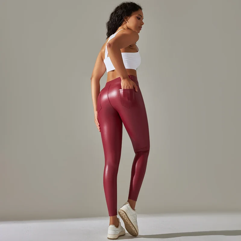 Damen Fashion Leggings Push Up Leggins Hose PU Lederhose mit Taschen Sexy