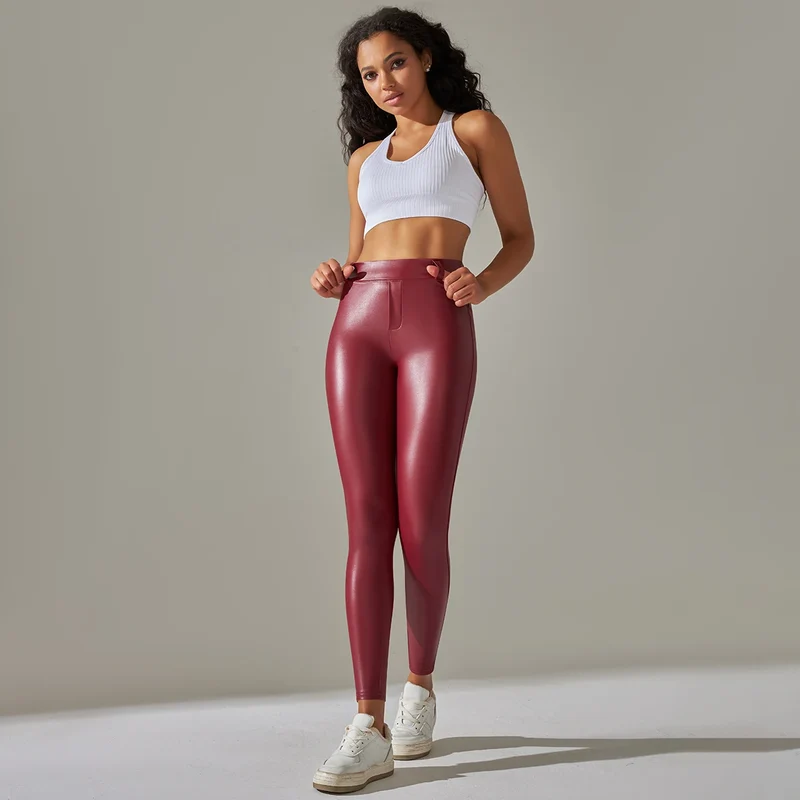 Damen Fashion Leggings Push Up Leggins Hose PU Lederhose mit Taschen Sexy