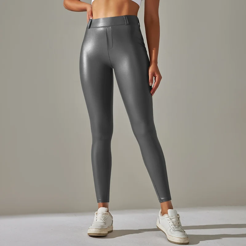 Damen Fashion Leggings Push Up Leggins Hose PU Lederhose mit Taschen Sexy