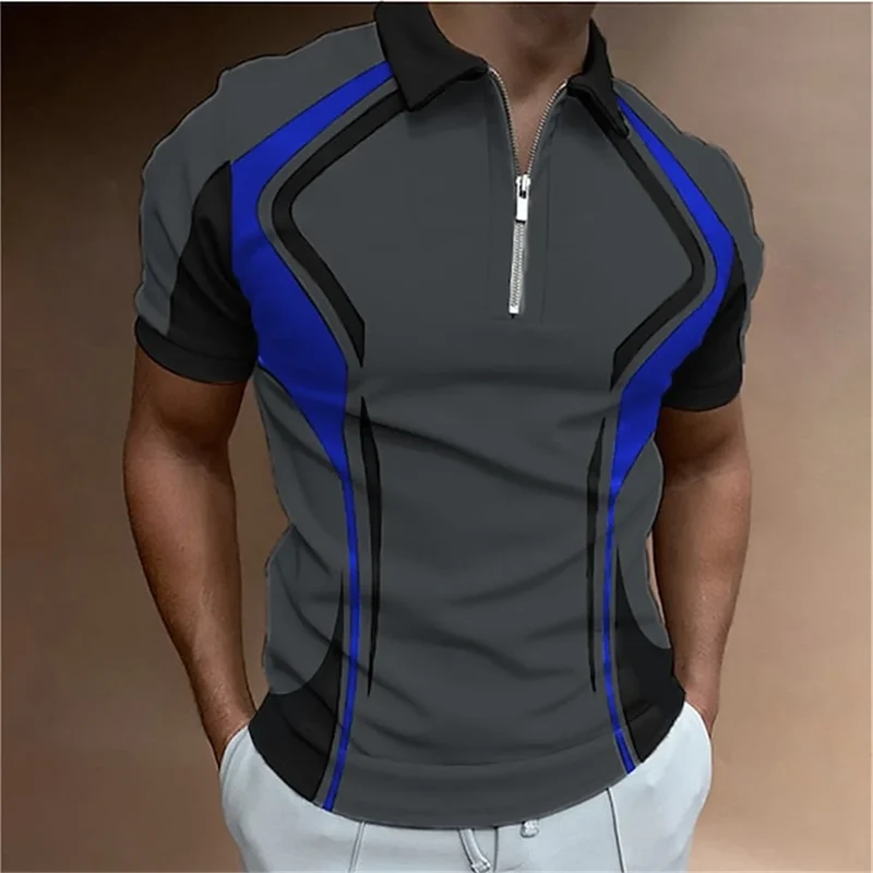 Herren Poloshirt POLO Shirt Zip Kontrast Kragen Kurzarm Slim Fit Hemd Polohemd