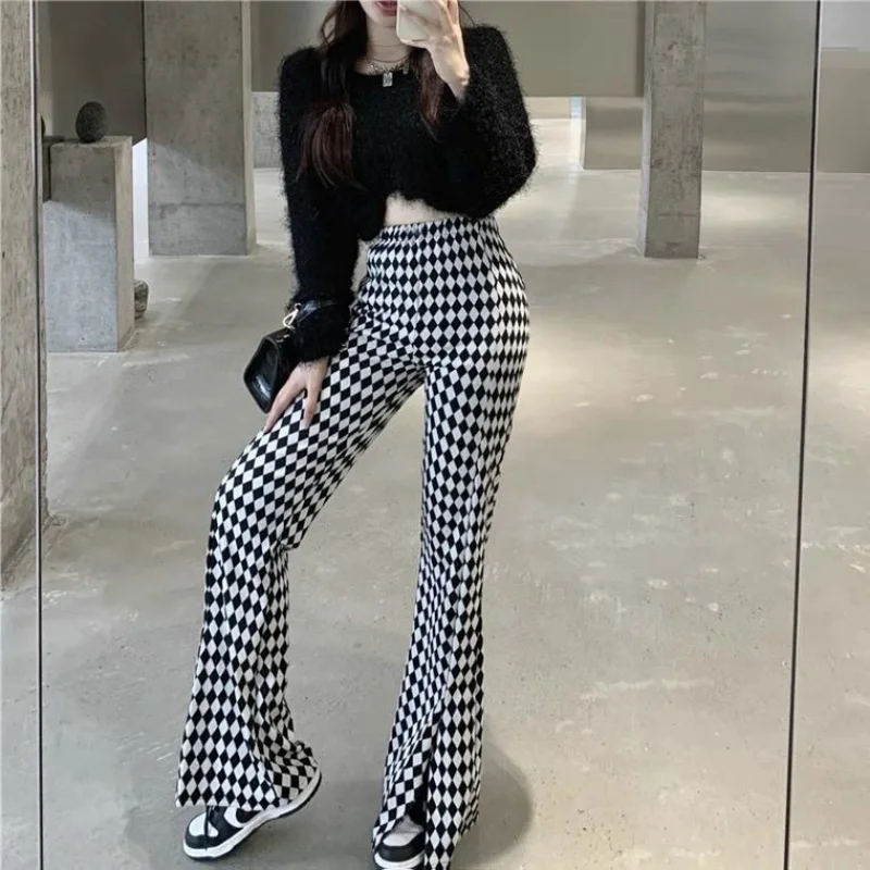 Damen Leggings Kariert Tartan Karo Muster Bootcut Hüftjeans Schlaghose Flared