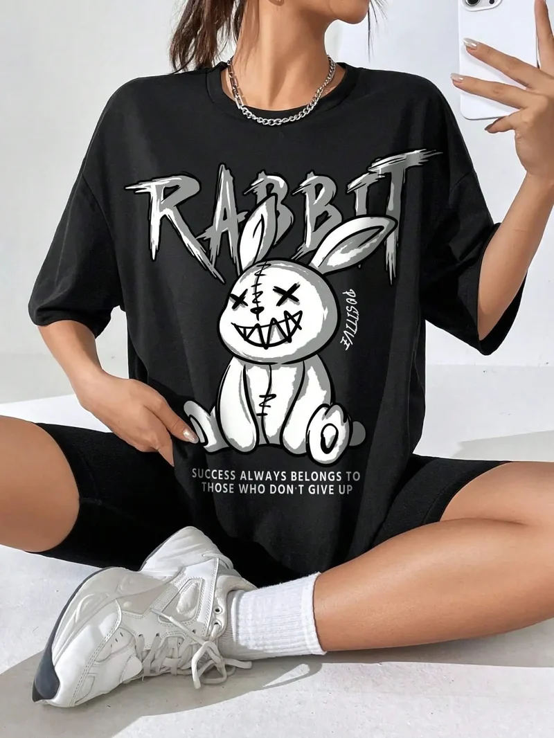 Damen Sommer Top Rabbit T-Shirt Rundhals Streetwear Baumwolle Damentop Shirt