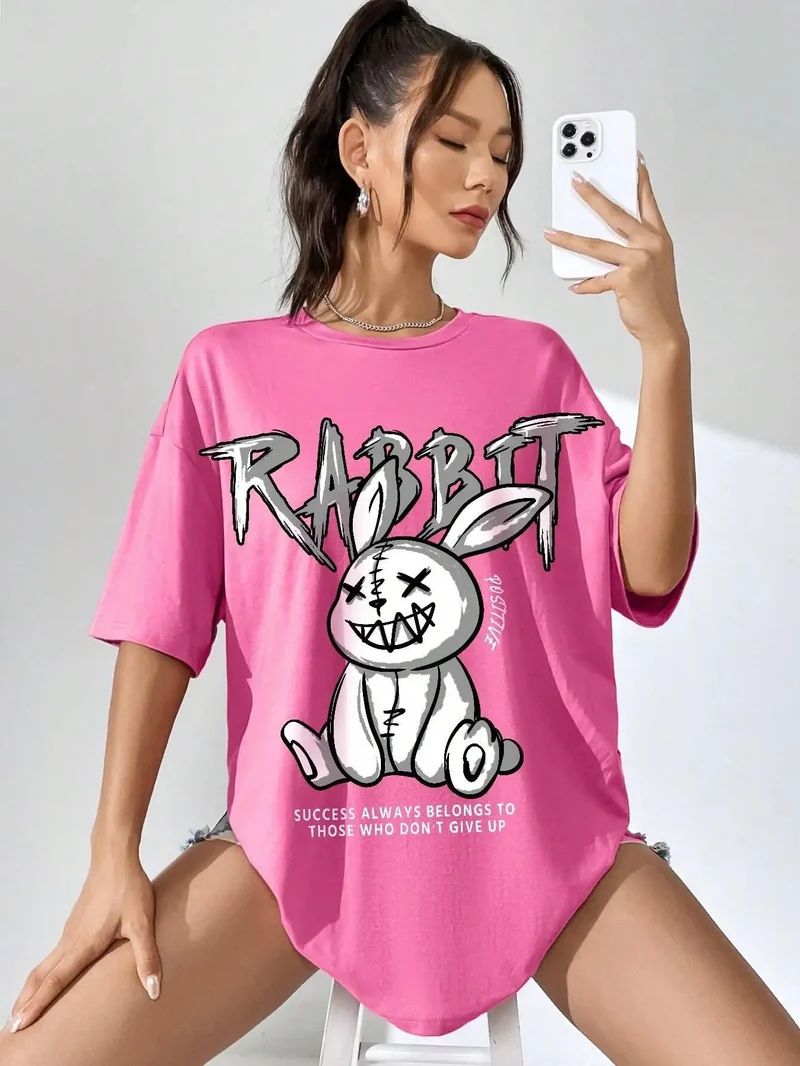 Damen Sommer Top Rabbit T-Shirt Rundhals Streetwear Baumwolle Damentop Shirt
