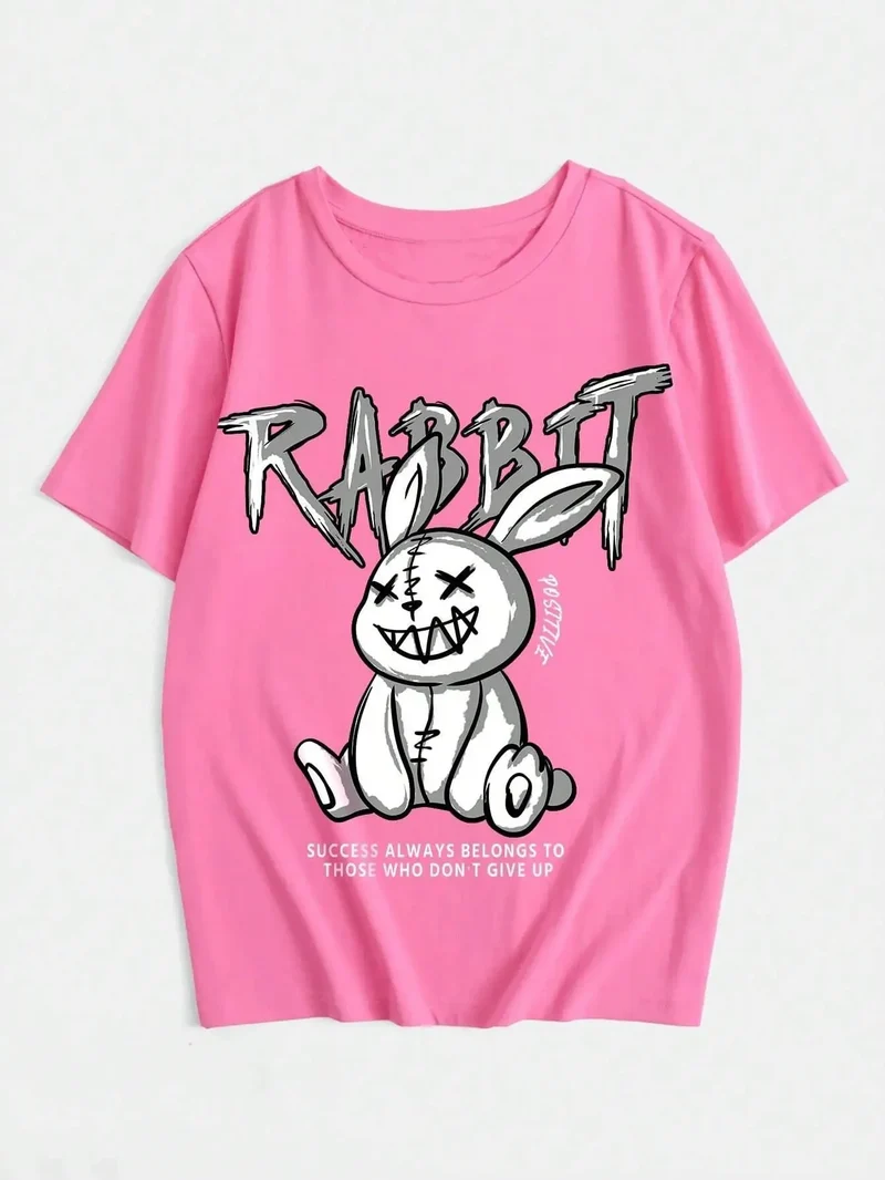 Damen Sommer Top Rabbit T-Shirt Rundhals Streetwear Baumwolle Damentop Shirt
