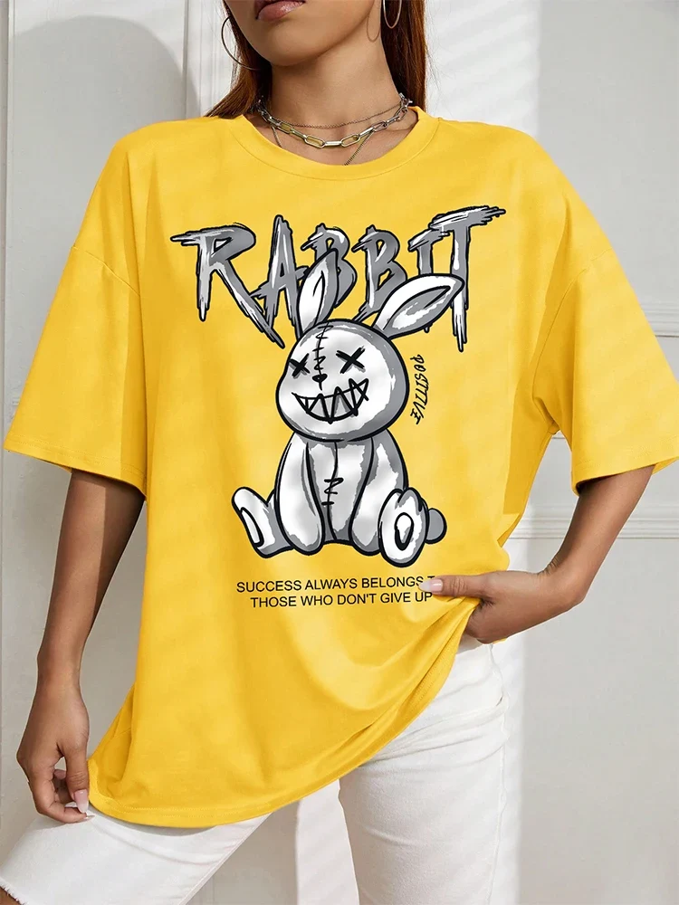 Damen Sommer Top Rabbit T-Shirt Rundhals Streetwear Baumwolle Damentop Shirt