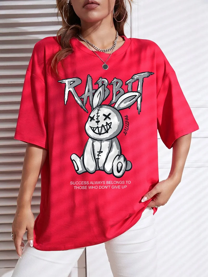Damen Sommer Top Rabbit T-Shirt Rundhals Streetwear Baumwolle Damentop Shirt