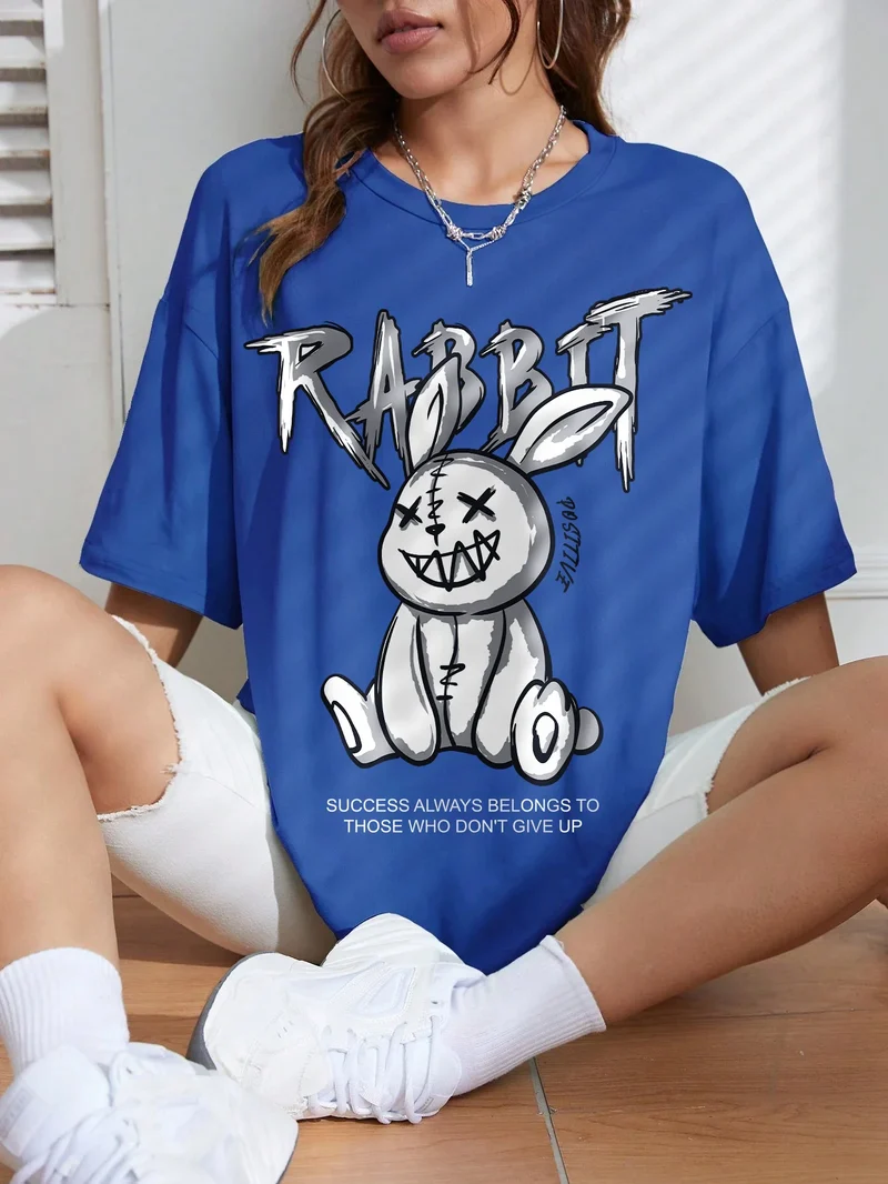 Damen Sommer Top Rabbit T-Shirt Rundhals Streetwear Baumwolle Damentop Shirt