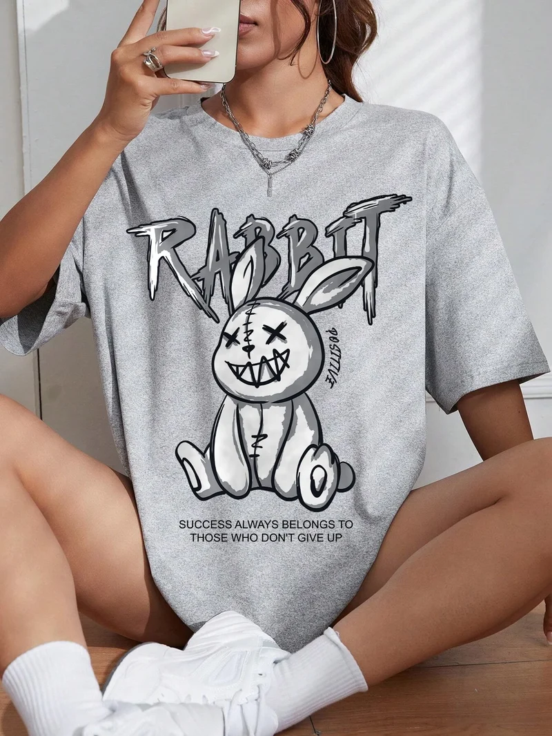Damen Sommer Top Rabbit T-Shirt Rundhals Streetwear Baumwolle Damentop Shirt