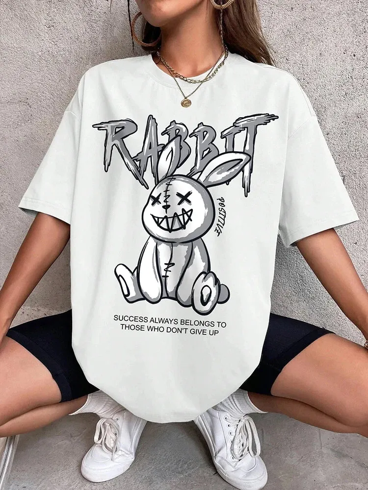 Damen Sommer Top Rabbit T-Shirt Rundhals Streetwear Baumwolle Damentop Shirt