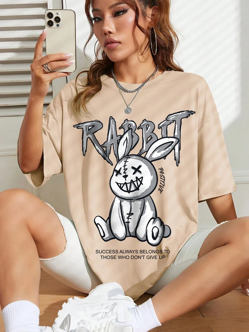 Damen Sommer Top Rabbit T-Shirt Rundhals Streetwear Baumwolle Damentop Shirt