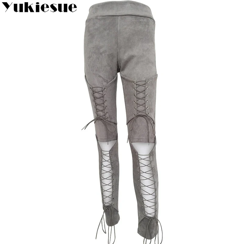 Damen Velour Kunstleder Leggings Bandage Hose Stretch Leggins Sexy Bleistift
