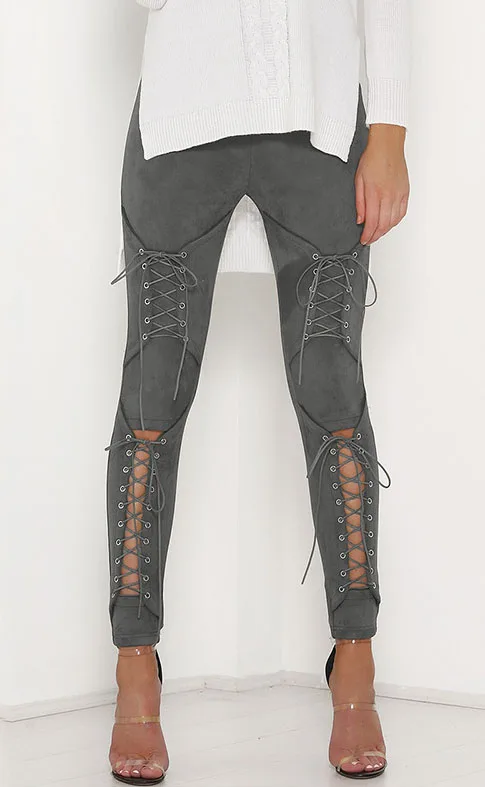 Damen Velour Kunstleder Leggings Bandage Hose Stretch Leggins Sexy Bleistift