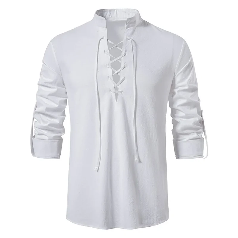 Herren Poloshirt Leinenhemd Langarm T-Shirt Leinen Hemd Polohemd Freizeithemd