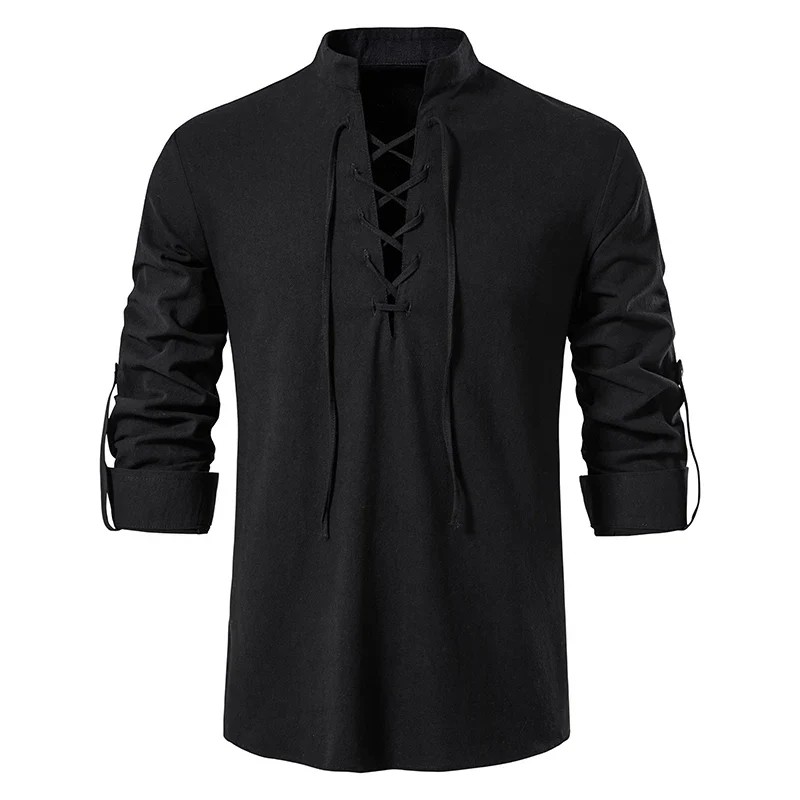Herren Poloshirt Leinenhemd Langarm T-Shirt Leinen Hemd Polohemd Freizeithemd
