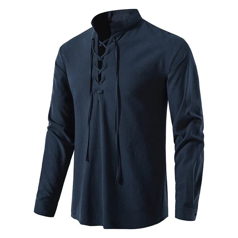 Herren Poloshirt Leinenhemd Langarm T-Shirt Leinen Hemd Polohemd Freizeithemd