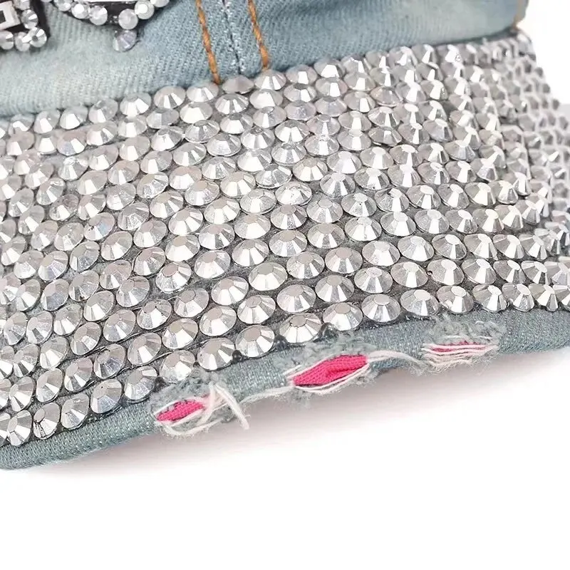 Jeans Cappy Denim Look Basecap Cap Kappe LUCK Strass gebogen Damen Baseball Cap