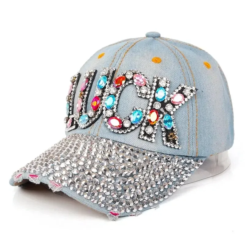 Jeans Cappy Denim Look Basecap Cap Kappe LUCK Strass gebogen Damen Baseball Cap