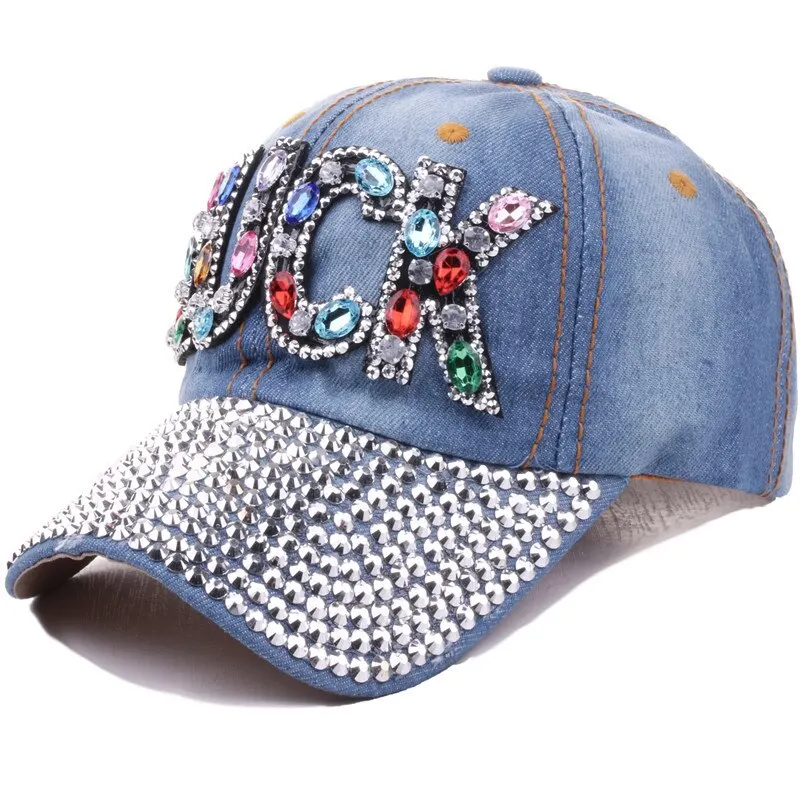 Jeans Cappy Denim Look Basecap Cap Kappe LUCK Strass gebogen Damen Baseball Cap