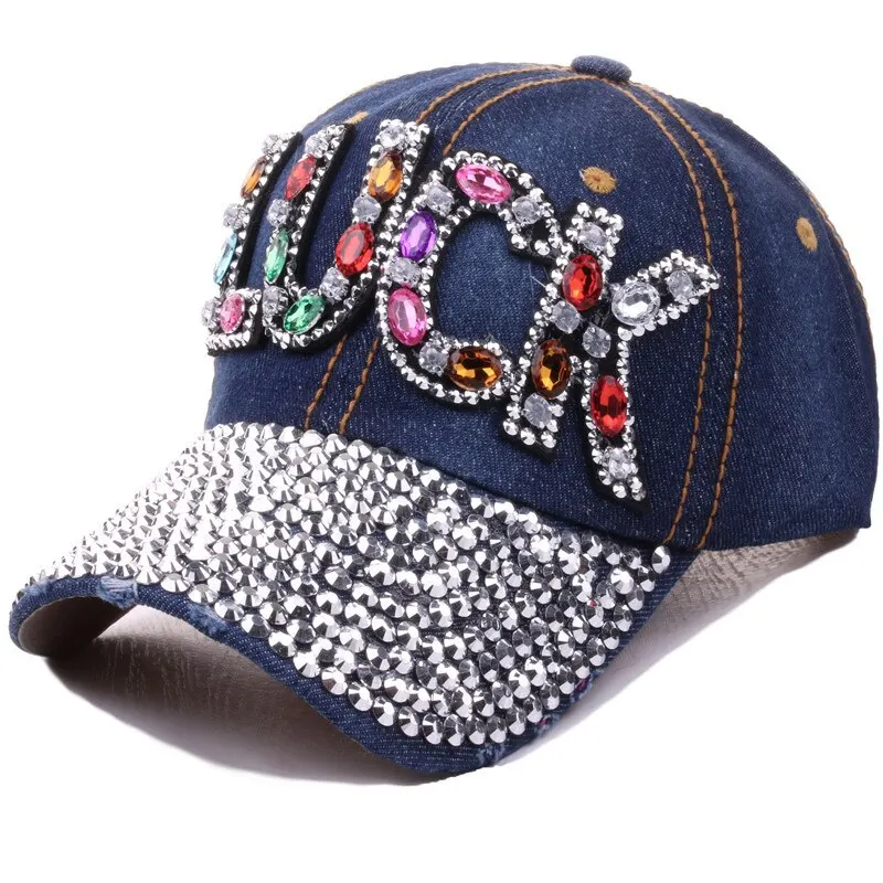 Jeans Cappy Denim Look Basecap Cap Kappe LUCK Strass gebogen Damen Baseball Cap