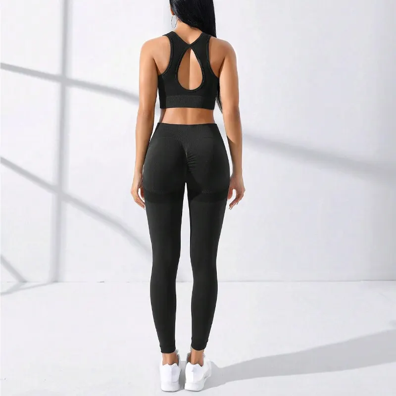 Damen Leggings Push Up Stretch Leggins Yoga Fitness Hose Sport BH Set Top Gym