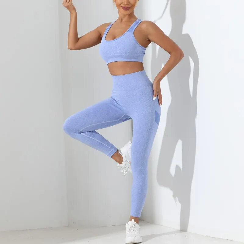 Damen Leggings Push Up Stretch Leggins Yoga Fitness Hose Sport BH Set Top Gym