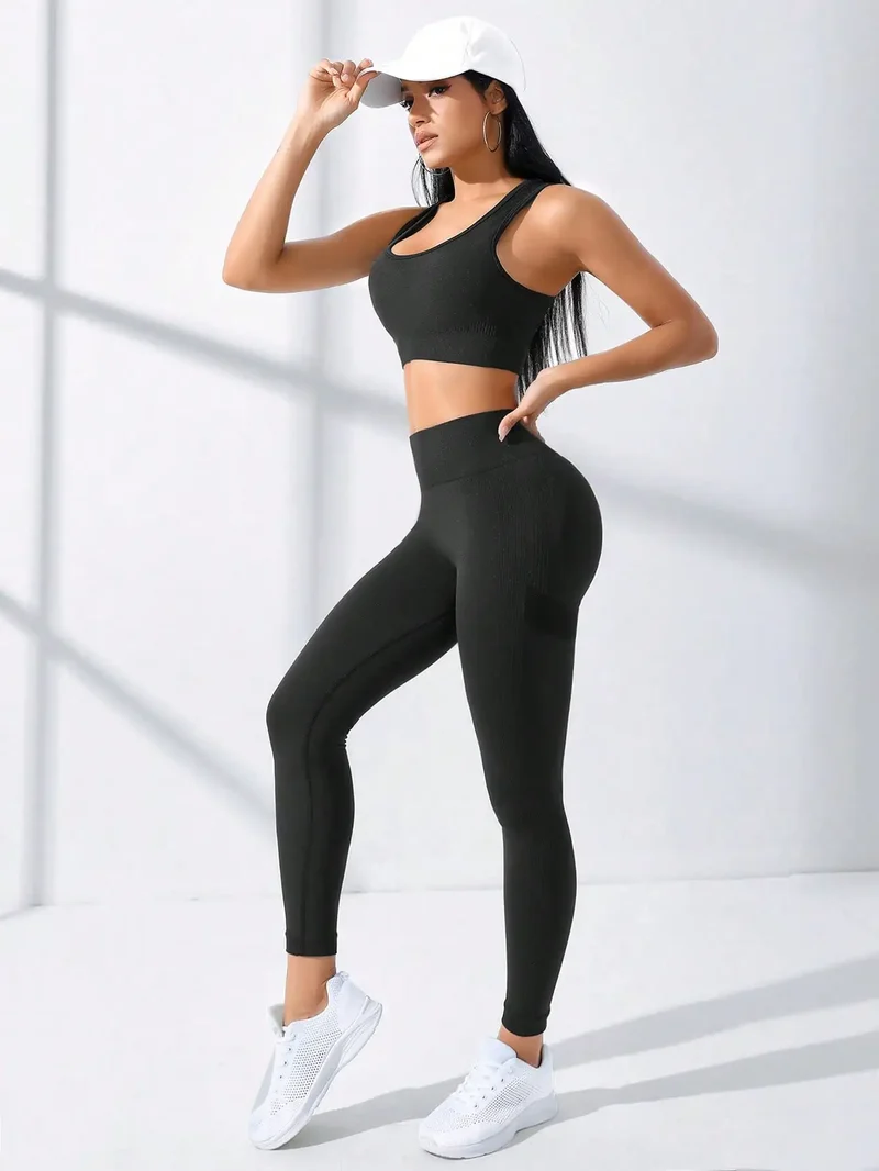 Damen Leggings Push Up Stretch Leggins Yoga Fitness Hose Sport BH Set Top Gym