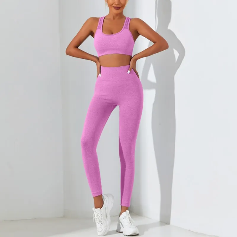 Damen Leggings Push Up Stretch Leggins Yoga Fitness Hose Sport BH Set Top Gym