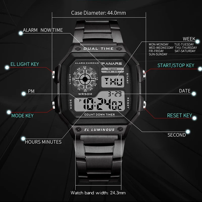 Herren Armbanduhr Digital Uhr Silber Edelstahl Quarzuhr Luxus Chronograph