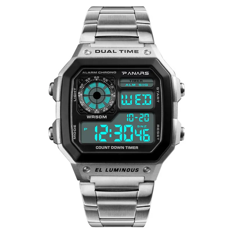 Herren Armbanduhr Digital Uhr Silber Edelstahl Quarzuhr Luxus Chronograph