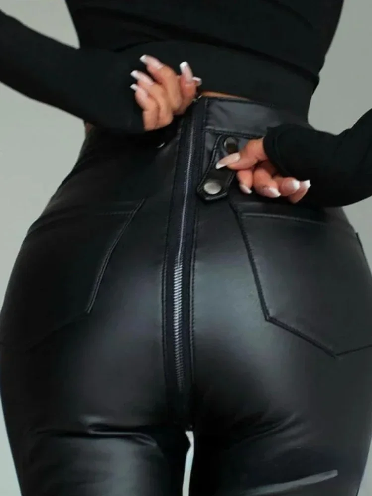 Sexy Damen Fashion Leggings Push Up Leggins Hose PU Lederhose mit Reißverschluss