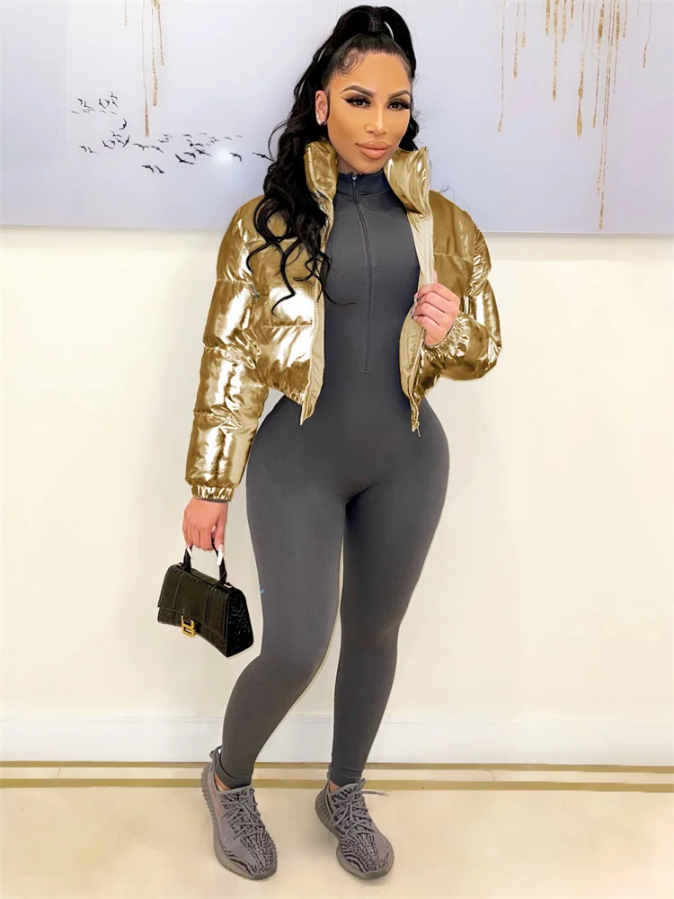 Damen Glänzende Daunenjacke Mit Kapuze Gold Steppjacke Streetwear Stepp Jacke