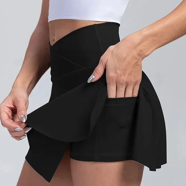 Damen Rock Tennisrock mit Innenhose Sportrock Laufrock Golf Shorts mit Tasche