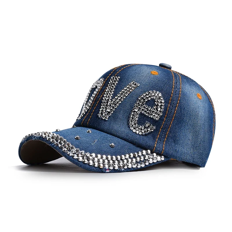 Jeans Cappy Denim Look Basecap Cap Kappe LOVE Strass gebogen Damen Baseball Cap