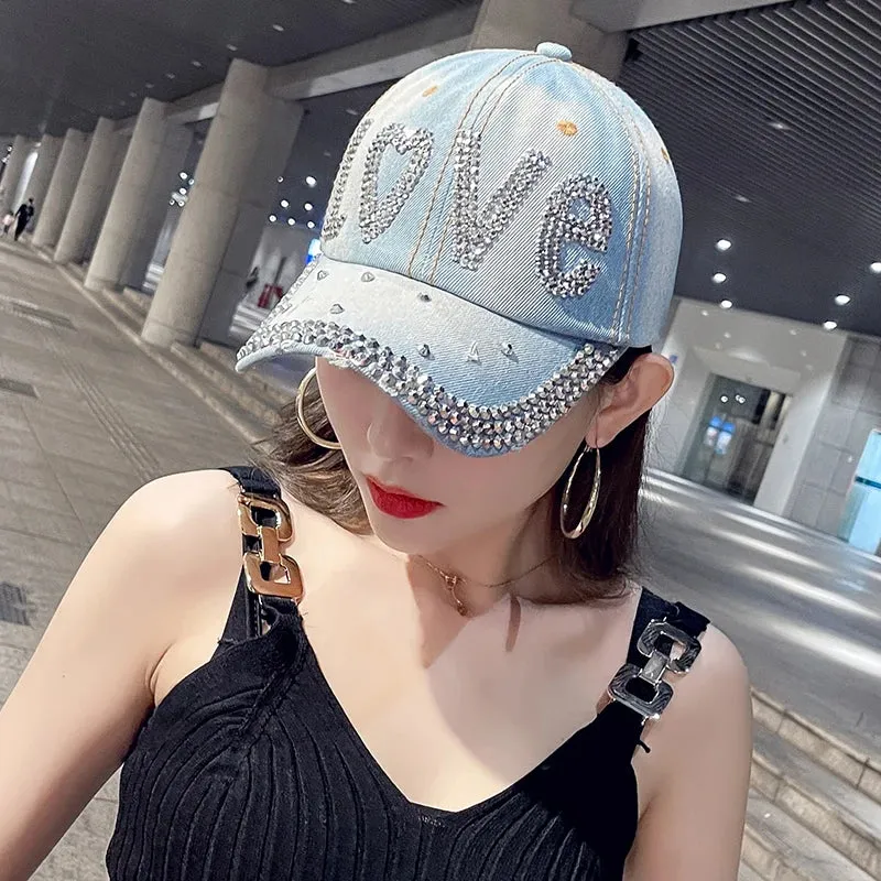 Jeans Cappy Denim Look Basecap Cap Kappe LOVE Strass gebogen Damen Baseball Cap