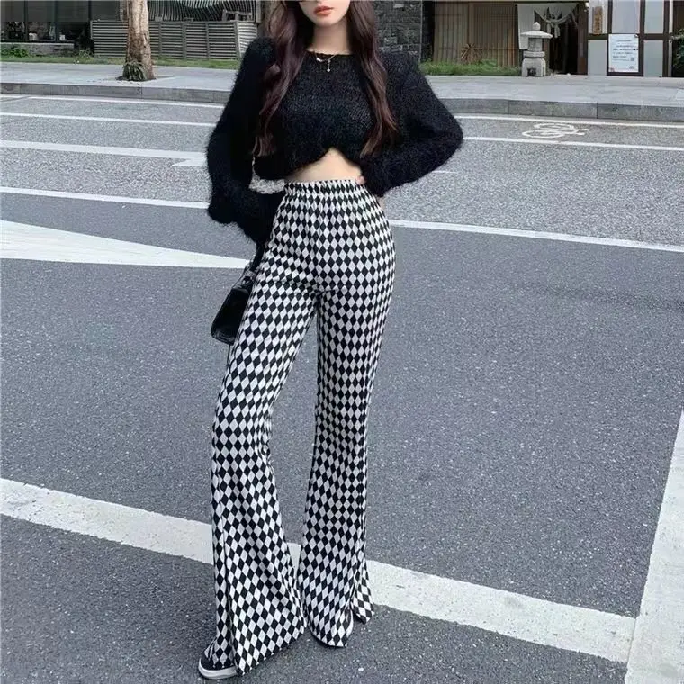 Damen Leggings Kariert Tartan Karo Muster Bootcut Hüftjeans Schlaghose Flared