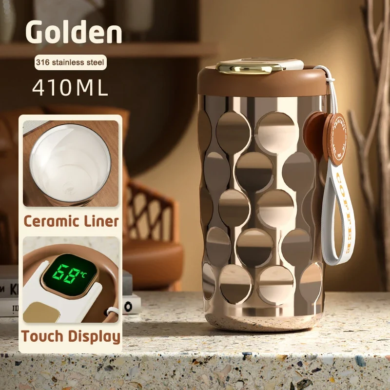 Thermobecher m Temperaturanzeige Becher Edelstahl 410ml MUG Isolierbecher Tasse