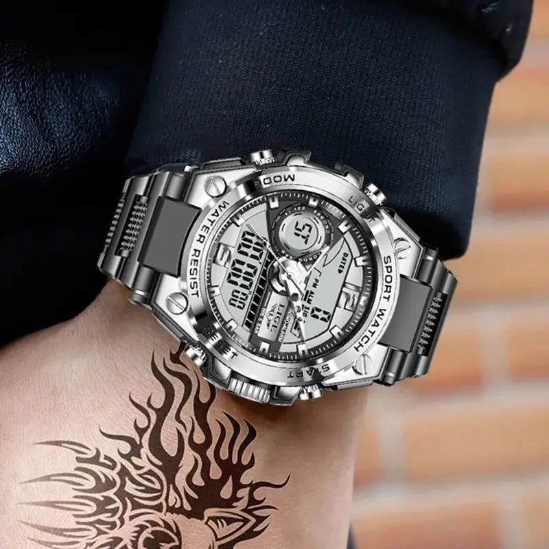 Herren Armbanduhr Digital Uhr Silber Edelstahl LED Quarzuhr Luxus Chronograph