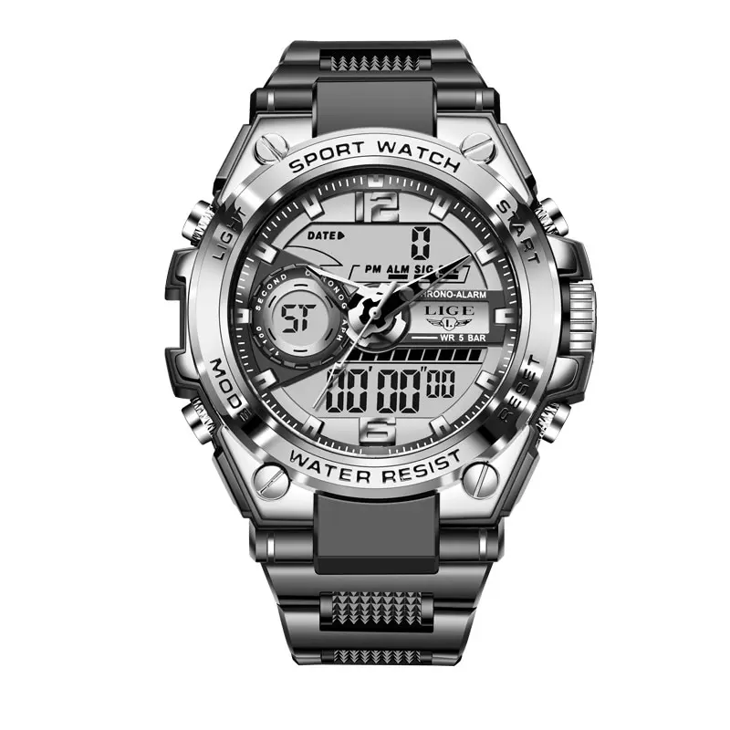 Herren Armbanduhr Digital Uhr Silber Edelstahl LED Quarzuhr Luxus Chronograph