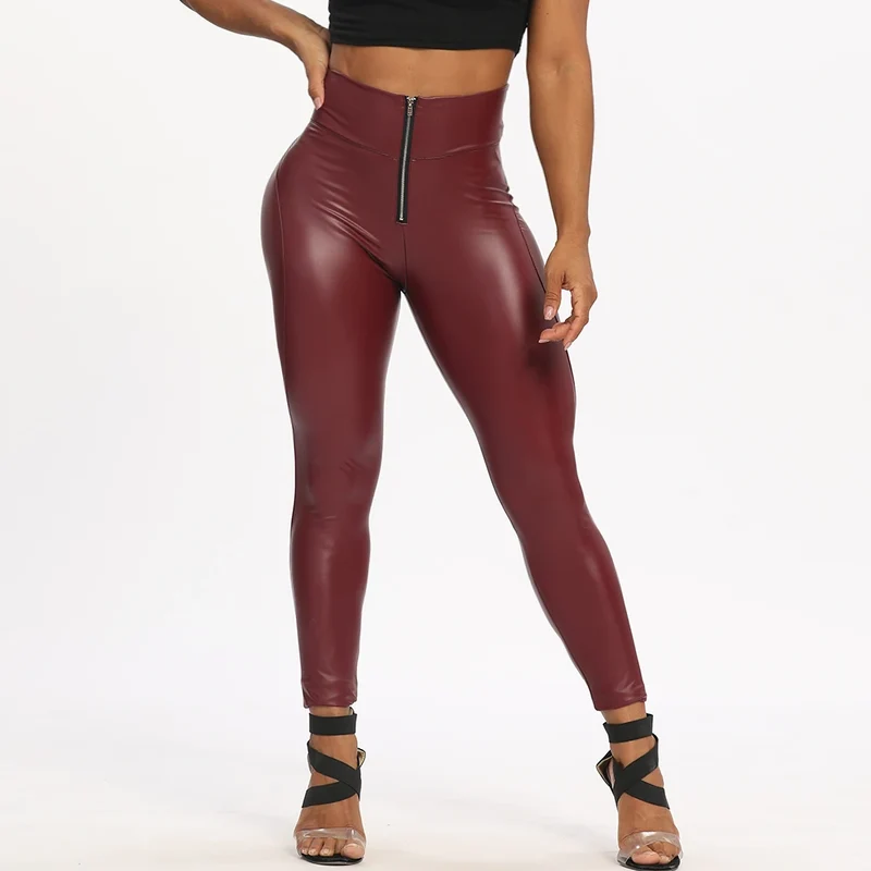 Sexy Damen Fashion Leggings Push Up Leggins Hose PU Lederhose mit Reißverschluss