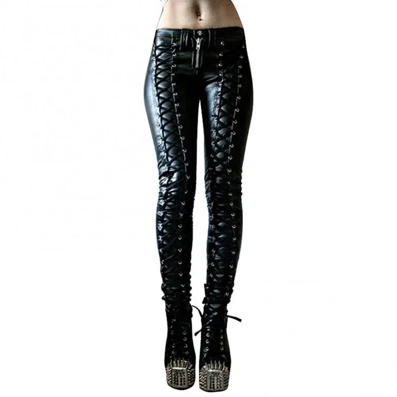 Sexy Damen Fashion Leggings Push Up Leggins Punk Hose PU Lederhose mit Kordelzug
