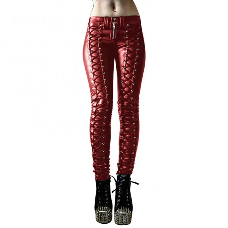 Sexy Damen Fashion Leggings Push Up Leggins Punk Hose PU Lederhose mit Kordelzug