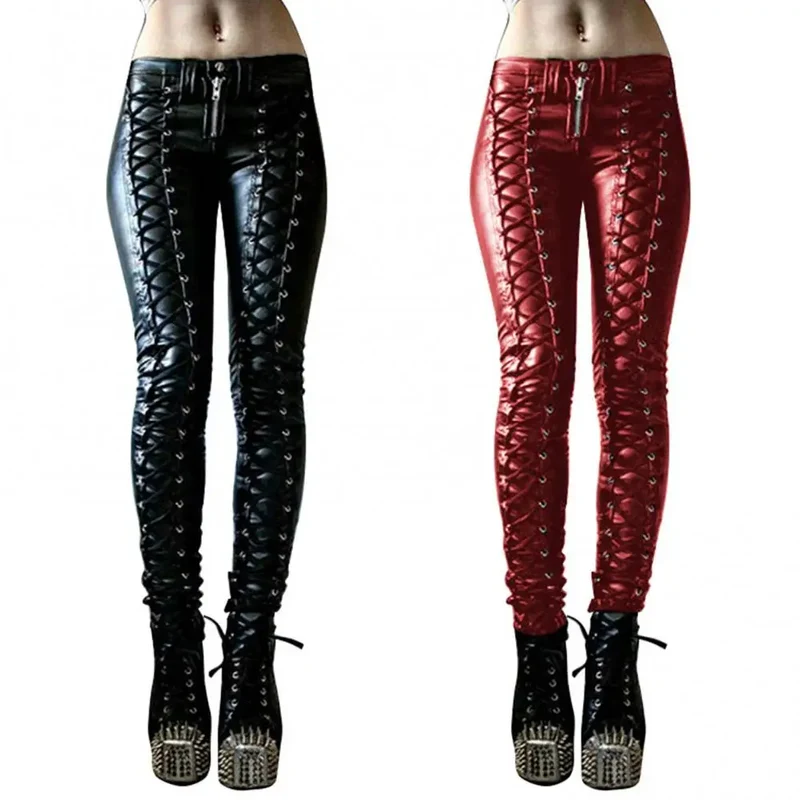Sexy Damen Fashion Leggings Push Up Leggins Punk Hose PU Lederhose mit Kordelzug
