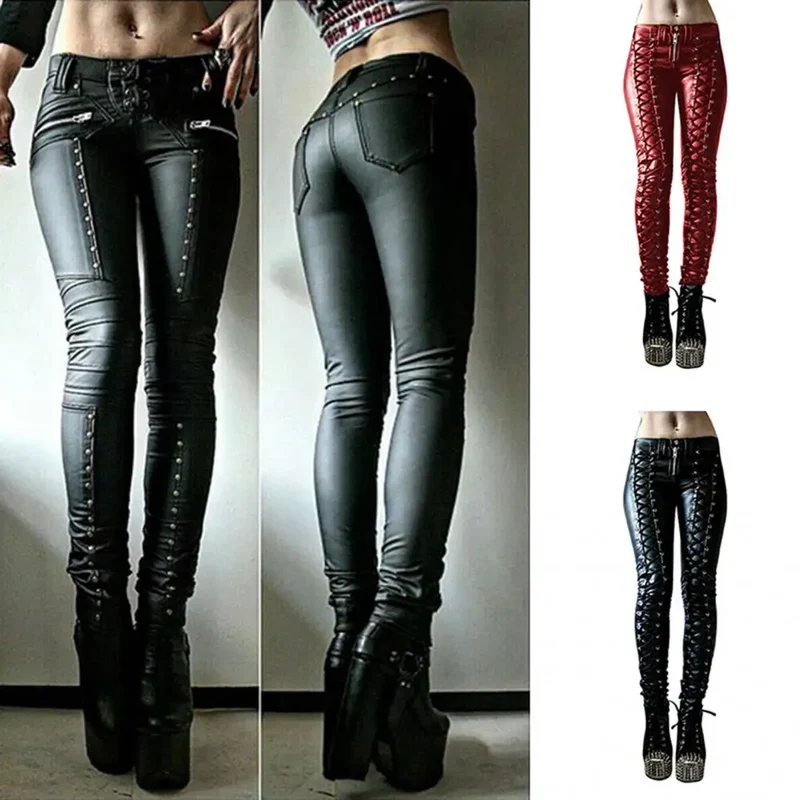 Sexy Damen Fashion Leggings Push Up Leggins Punk Hose PU Lederhose mit Kordelzug