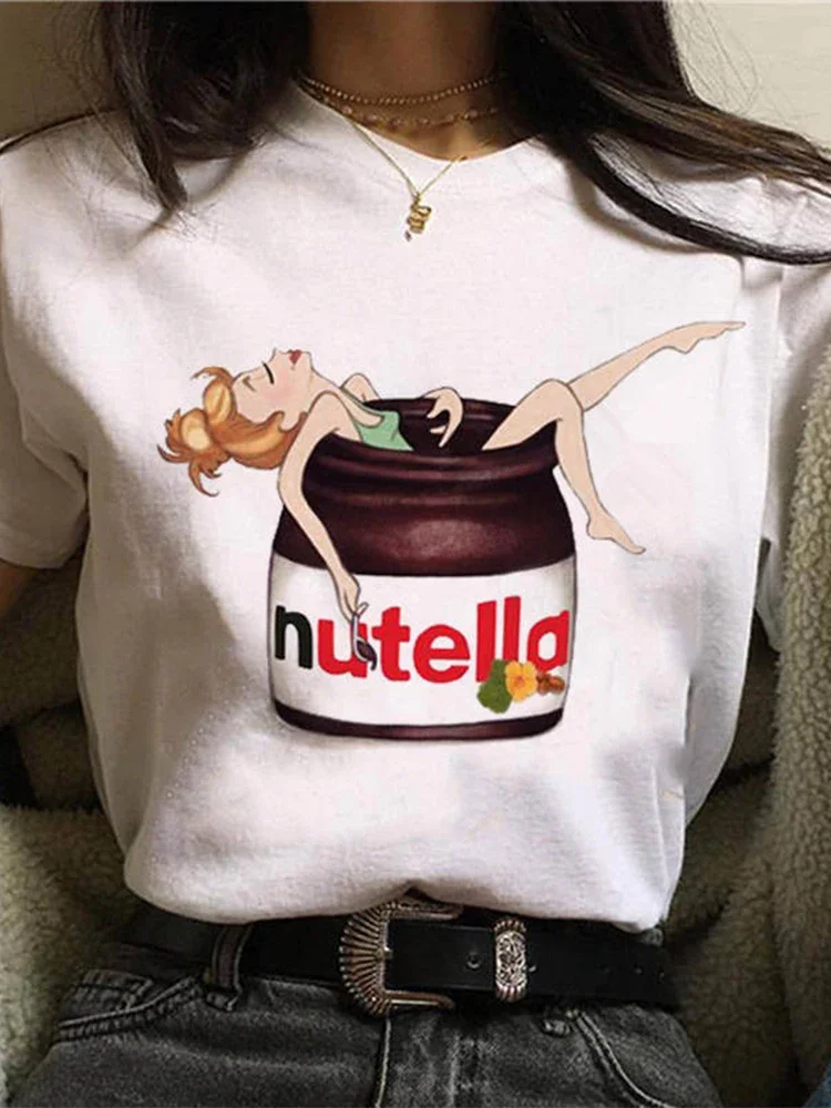 Damen Sommer Top Nutella T-Shirt Rundhals Streetwear Shirt lockeres Damentop